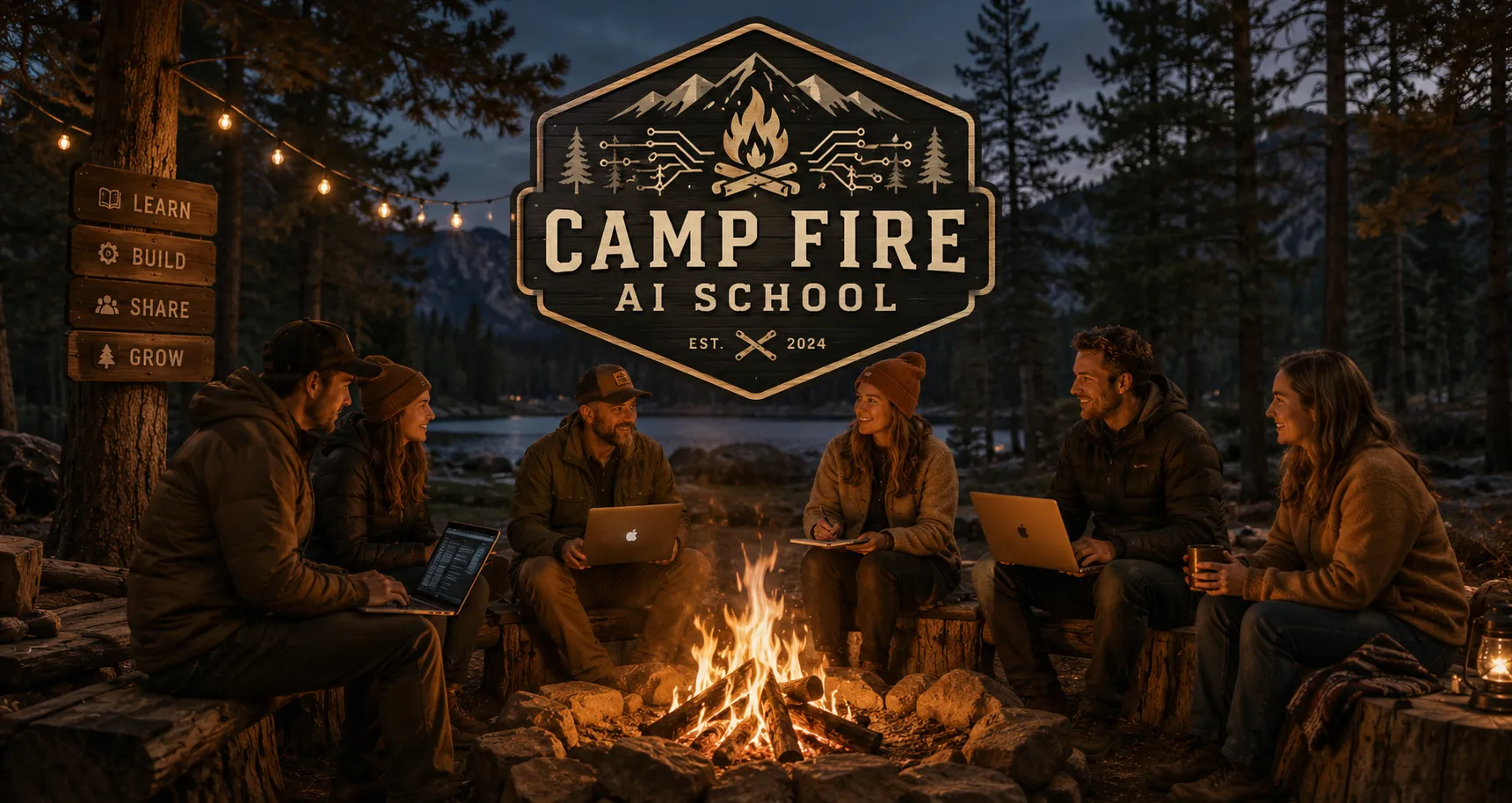Members of Camp Fire AI School gathered around a campfire at dusk with laptops open, learning together.